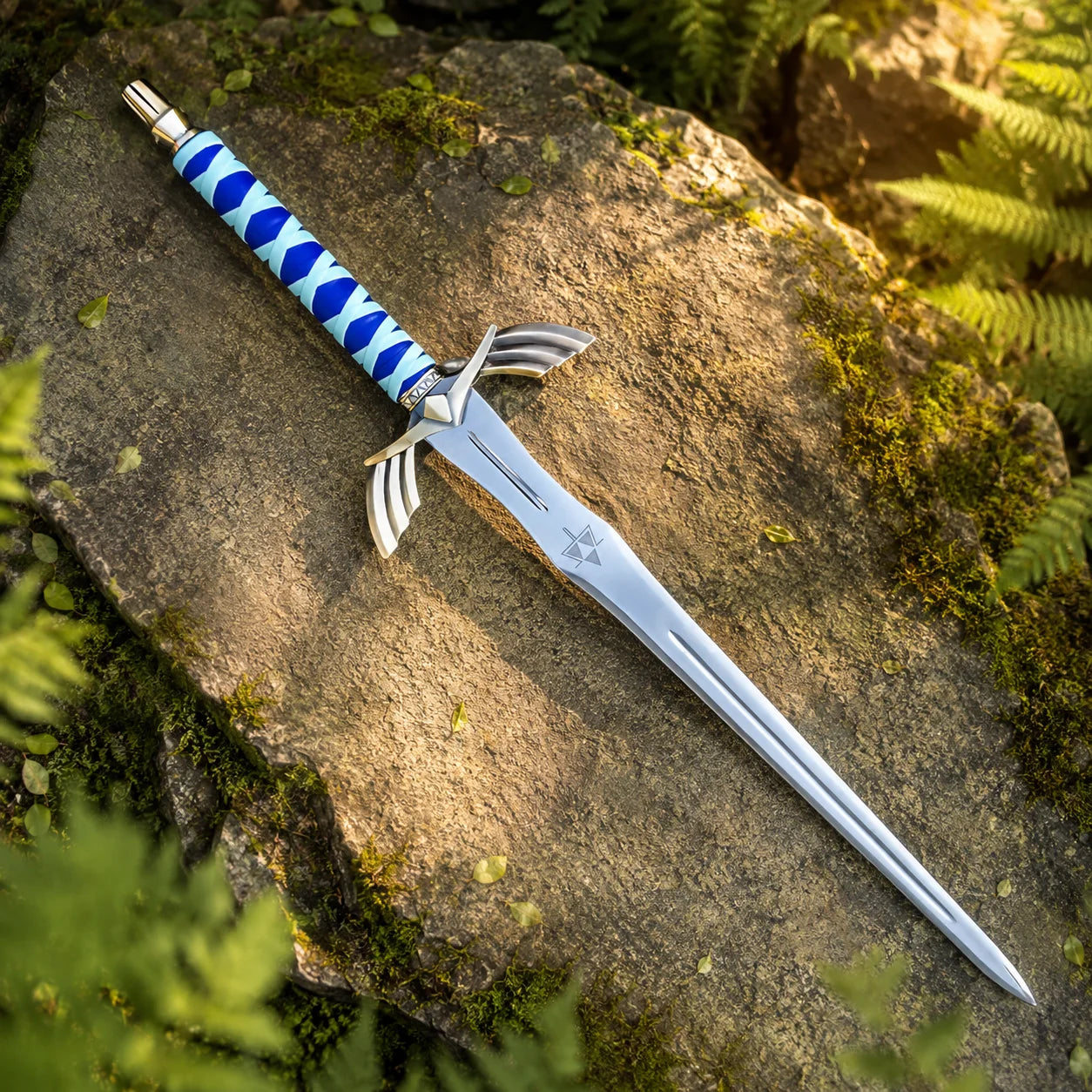 Zelda Link Skyward Sword Goddess Replica displayed with blue gold-engraved scabbard on white background with guard detail inset