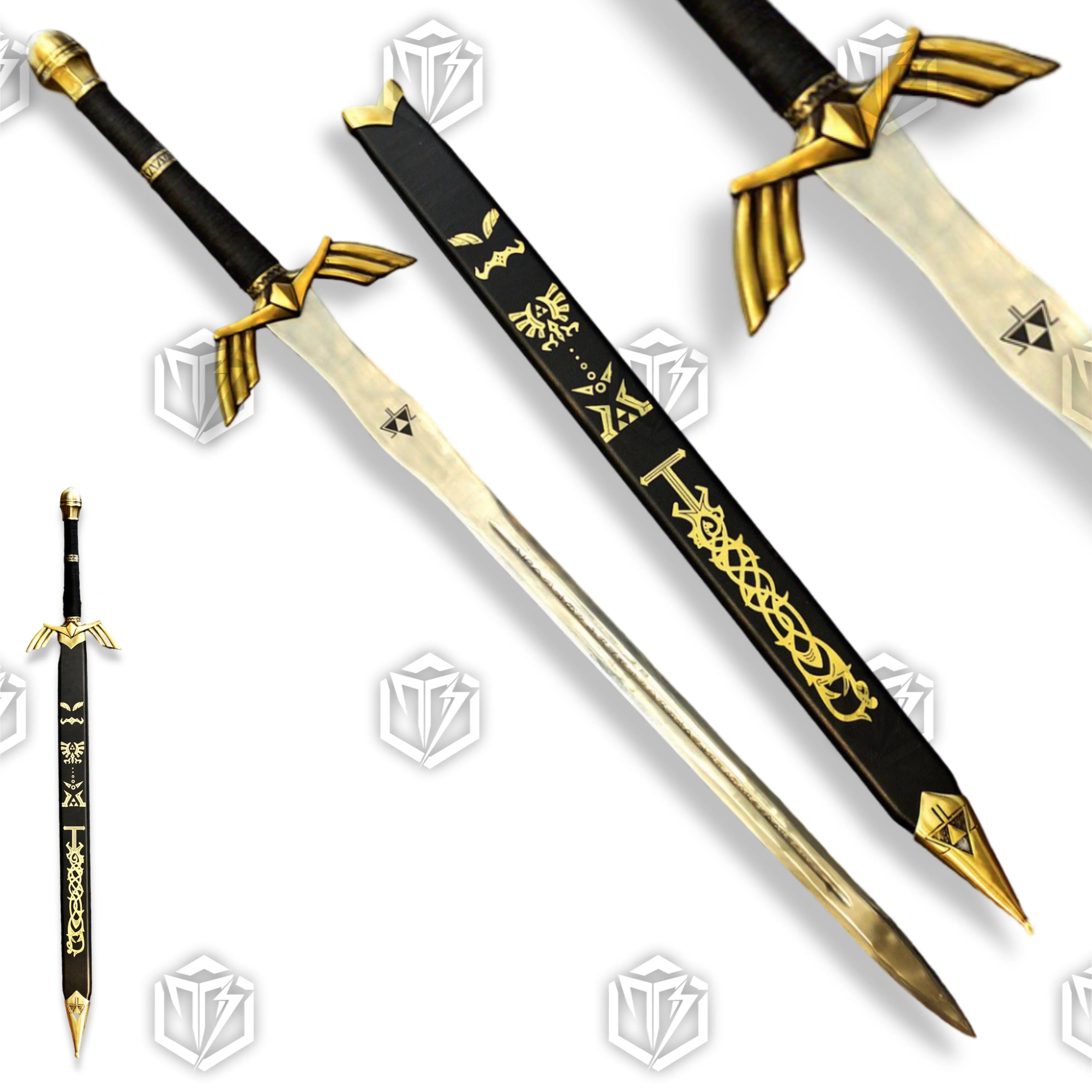 Premium Zelda Link Master Sword Black Edition Replica with Triforce engravings.