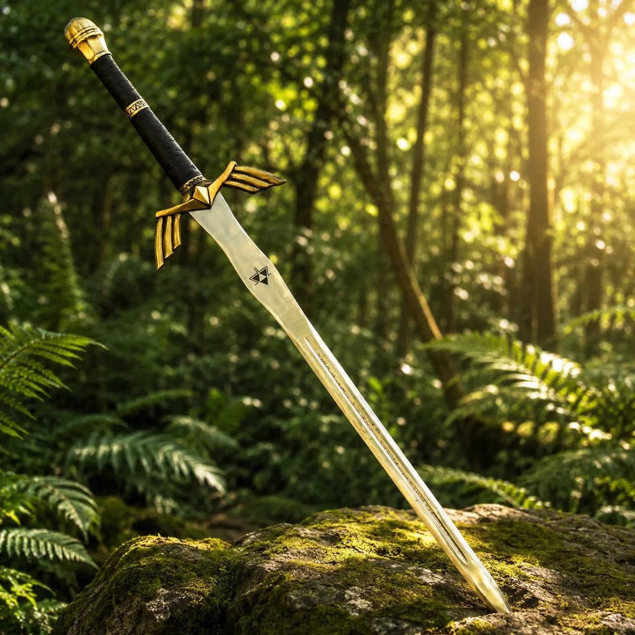 Link Ornate Prophecy Sword prop replica standing in forest setting – Legend of Zelda display collectible