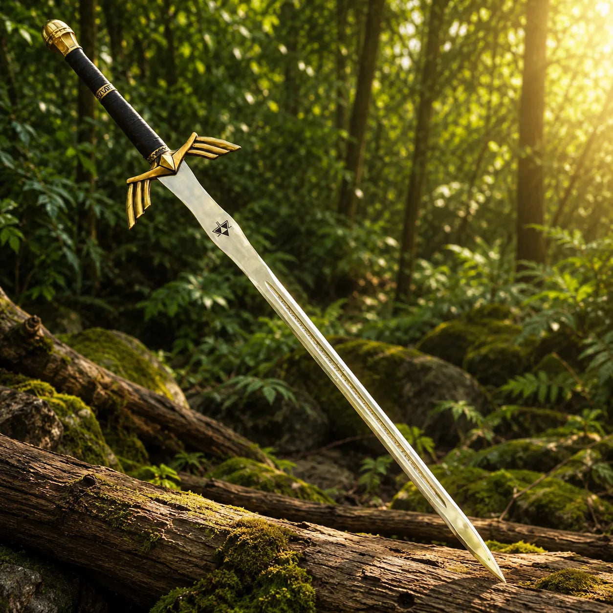 Link Ornate Prophecy Sword fan-inspired prop replica resting on mossy rock – Legend of Zelda collectible