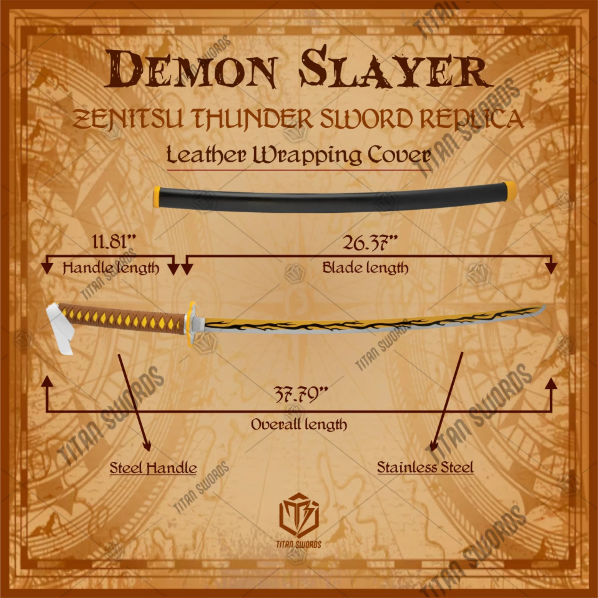 Premium Zenitsu Agatsuma Nichirin Demon Slayer Sword Replica with carbon steel blade.