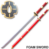 Lightweight One Piece foam sword with red scabbard arranged for cosplay styling, fan collections and costume photography