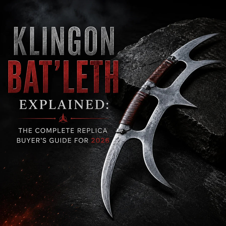 Klingon Bat’leth decorative replica displayed on dark rocks for the complete 2026 buyer’s guide.