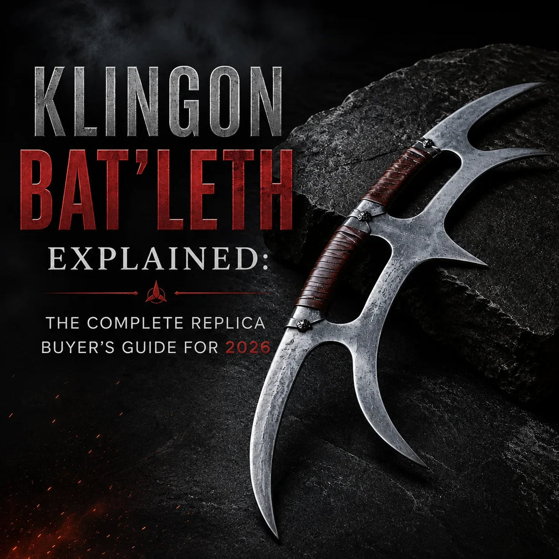 Klingon Bat’leth decorative replica displayed on dark rocks for the complete 2026 buyer’s guide.