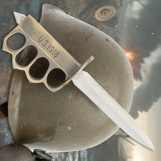 1918 WWI trench knife replica with knuckle guard handle.