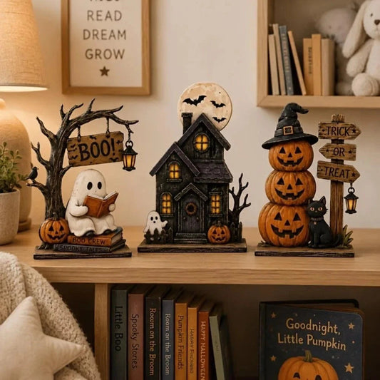 Halloween Haunted House Ghost Pumpkin Statue 3 Piece Spooky Tabletop Set