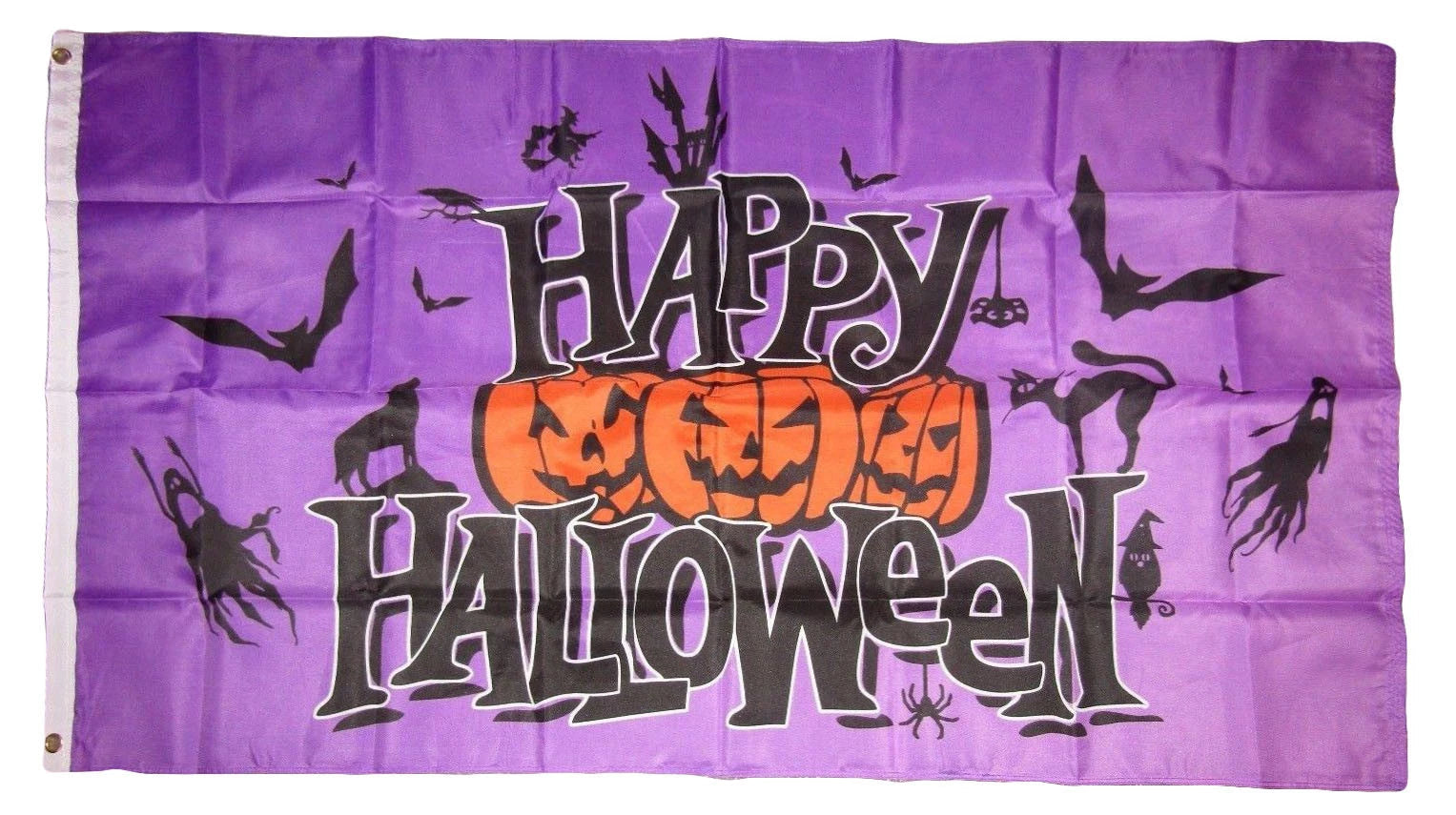 3x5 Happy Halloween Flag, Purple Jack o Lanterns Ghost Bats Brass Grommets 100D Outdoor Banner Titan Swords