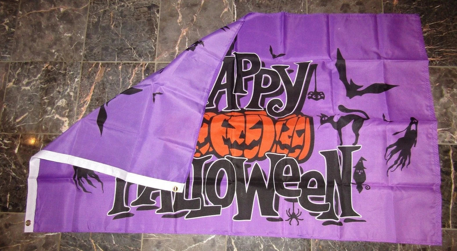Happy Halloween 3x5 Flag Ghost Bats Jack o Lanterns Purple Brass Grommets Outdoor Decor

