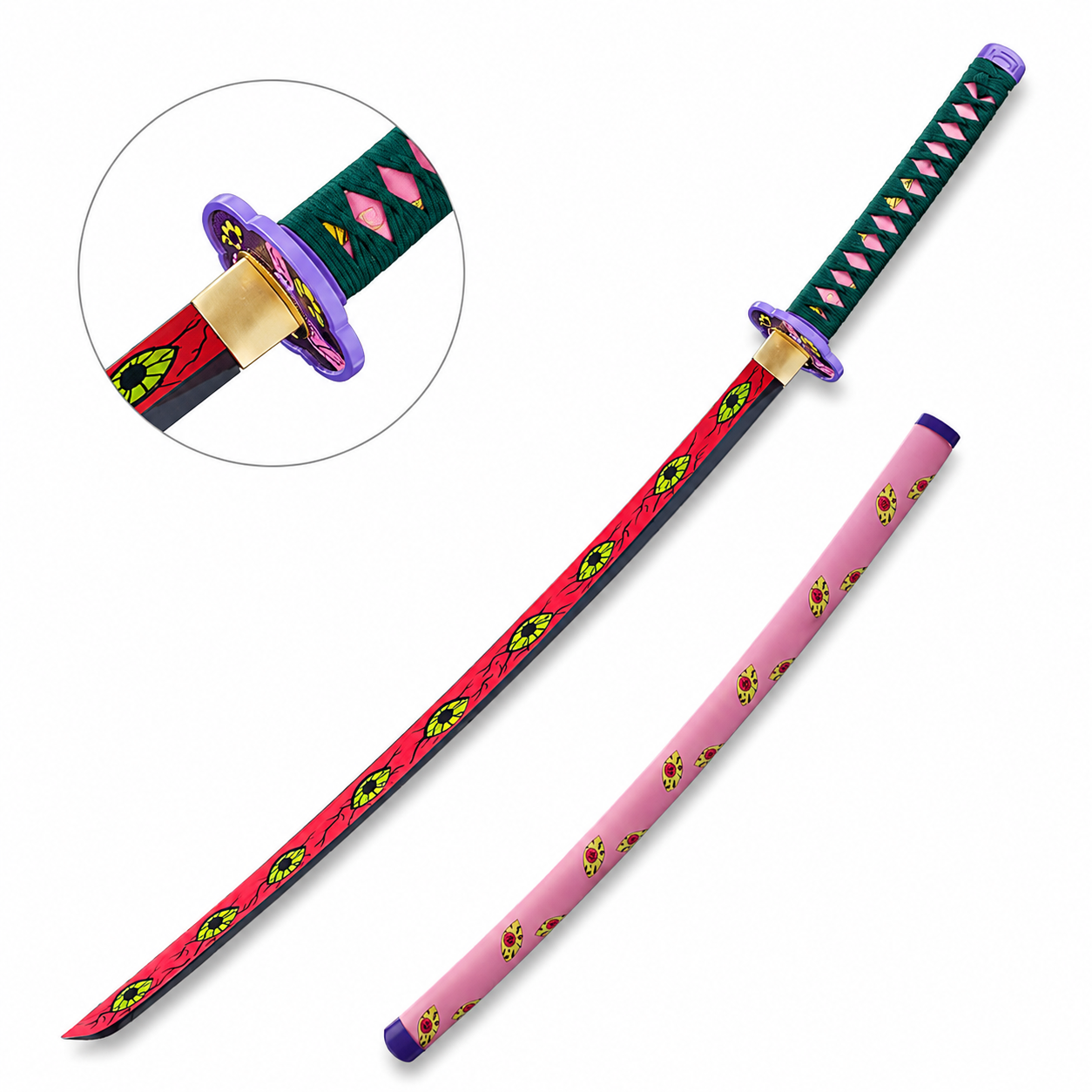 Close-up detail of Daki katana tsuba guard showing purple flower-shaped guard with green and red eye motif design from Demon Slayer Upper Moon Two replica