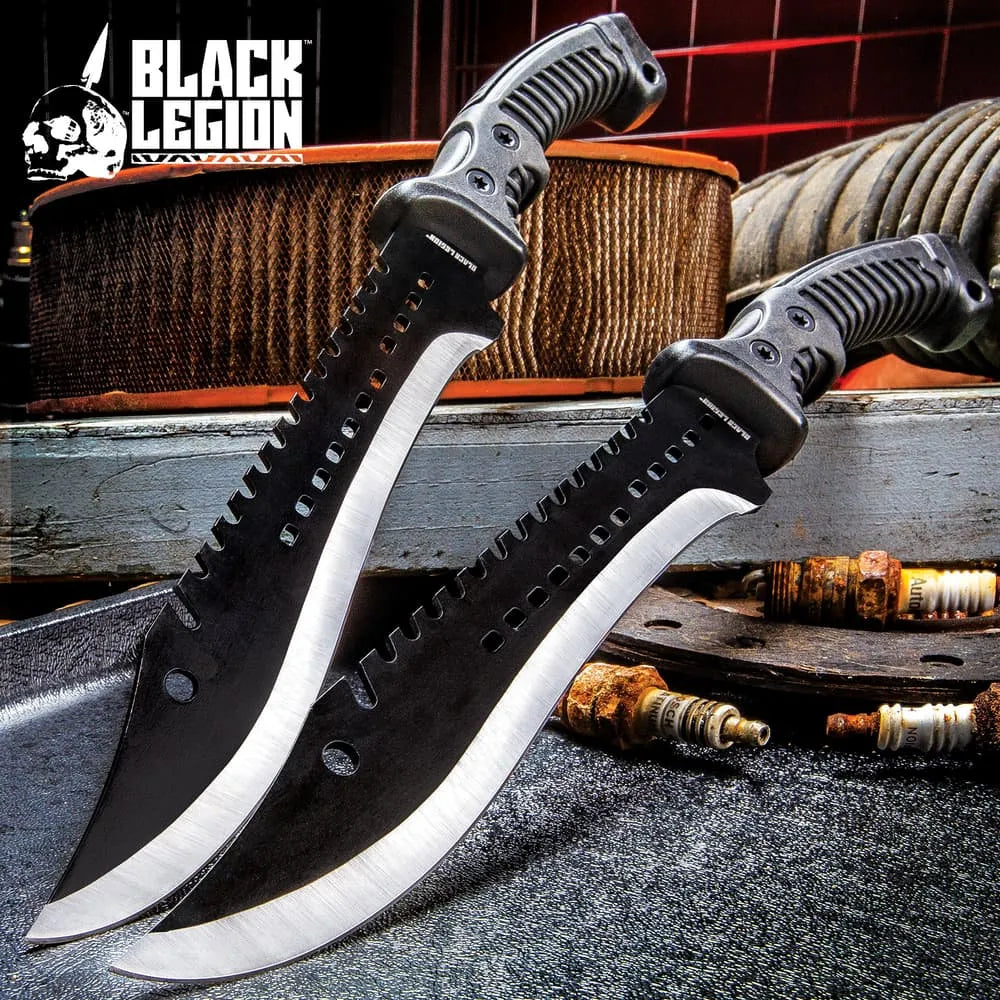 Black Legion Iron Phantom Bowie / Fixed Blade Knife - 3Cr13 Stainless Steel - Clip Point, Sawback, Black 2-Tone Finish - Belt Sheath - Tactical, Outdoors, Hunting, Survival, Camping - 15 1/4"