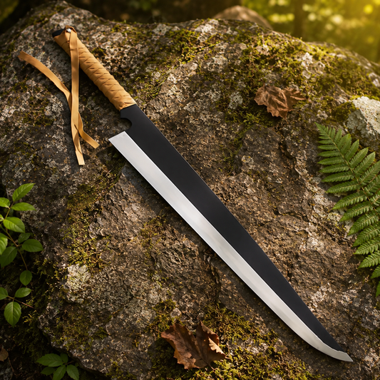 Ichigo Zangetsu prop replica full length displayed on mossy rock – Bleach anime collectible
