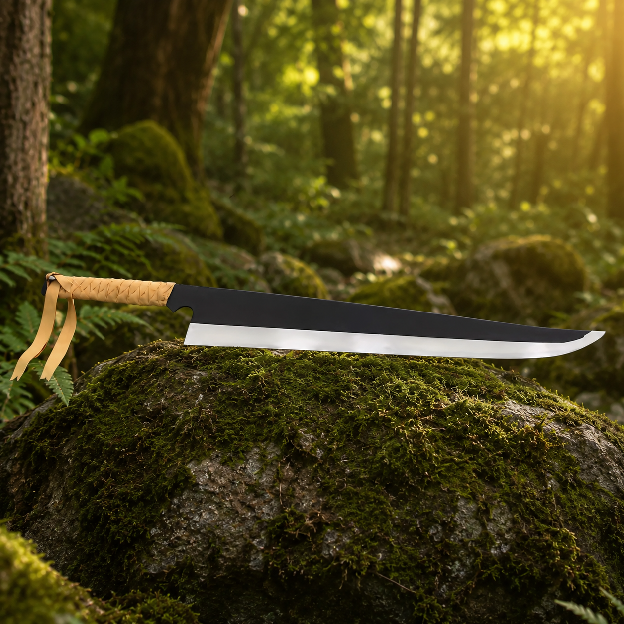 Ichigo Zangetsu prop replica resting on mossy rock in forest setting – Bleach anime display collectible