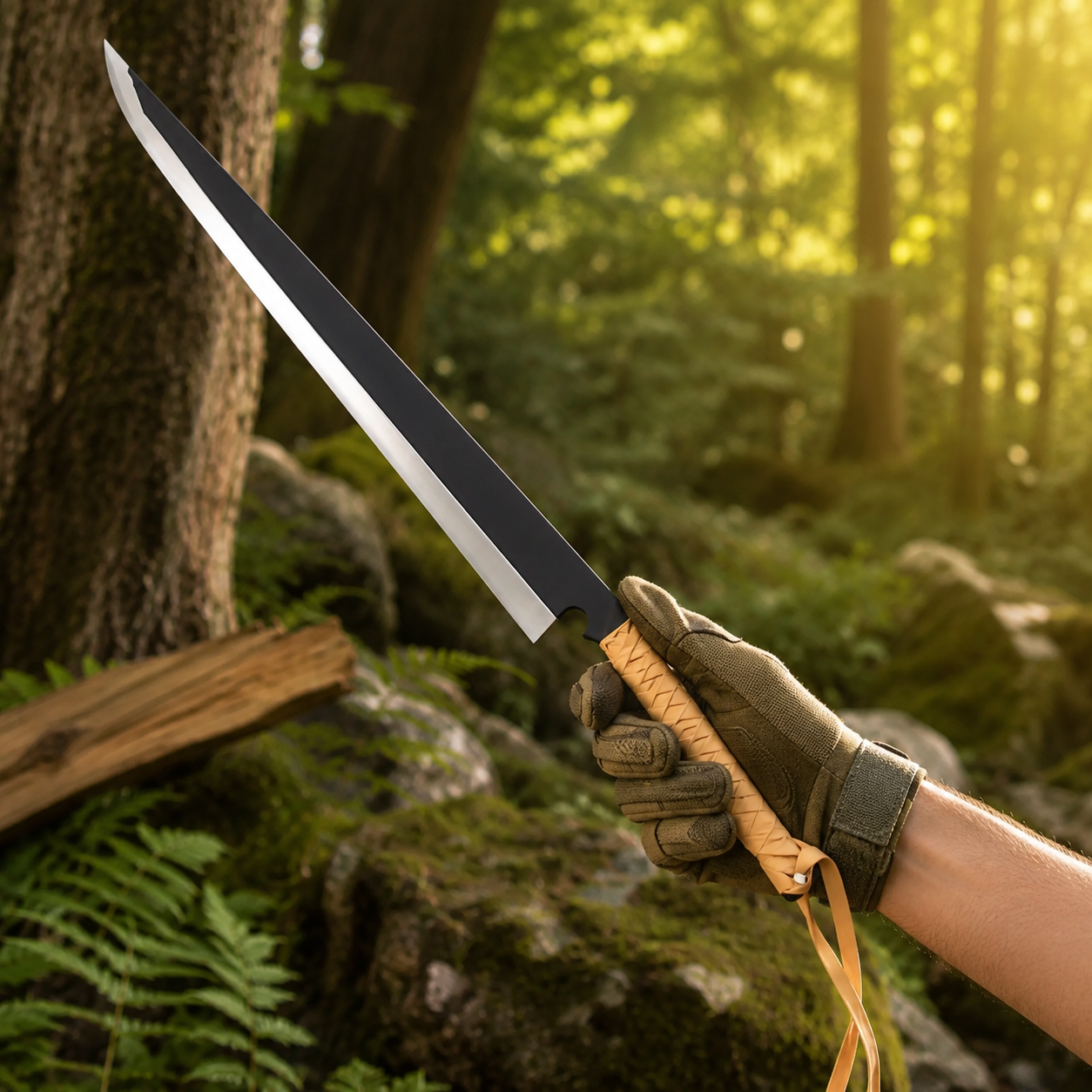 Ichigo Zangetsu Bleach prop replica held up in forest – anime fan display collectible