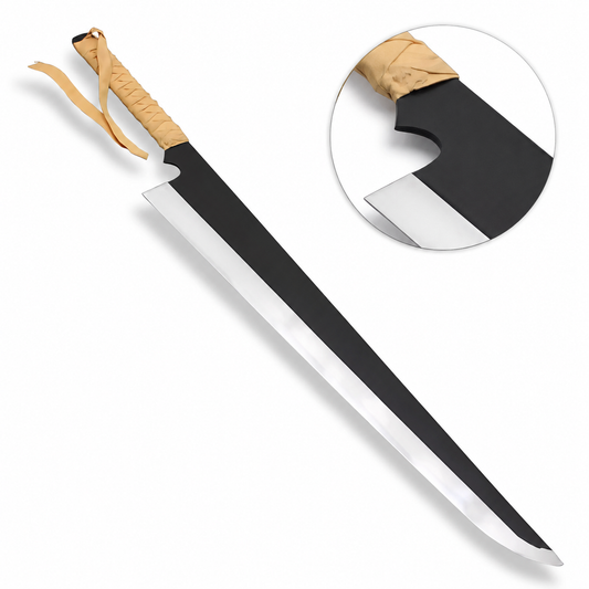 Ichigo Zangetsu display prop replica on white background with tsuba guard detail – Bleach collectible