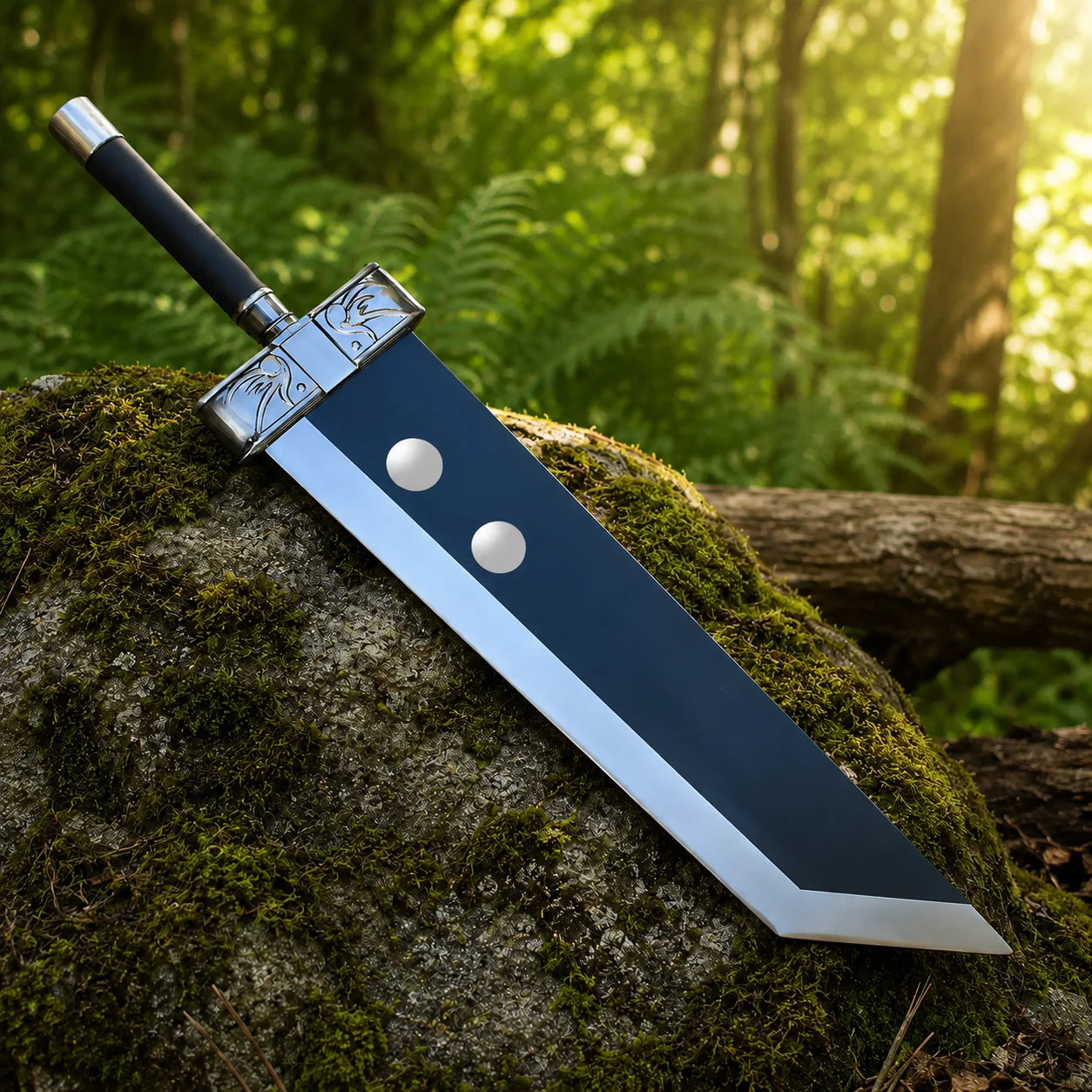 Close-up of Buster Sword blade tip showing two silver rivets, polished beveled edge, and dark blue steel finish on mossy rock