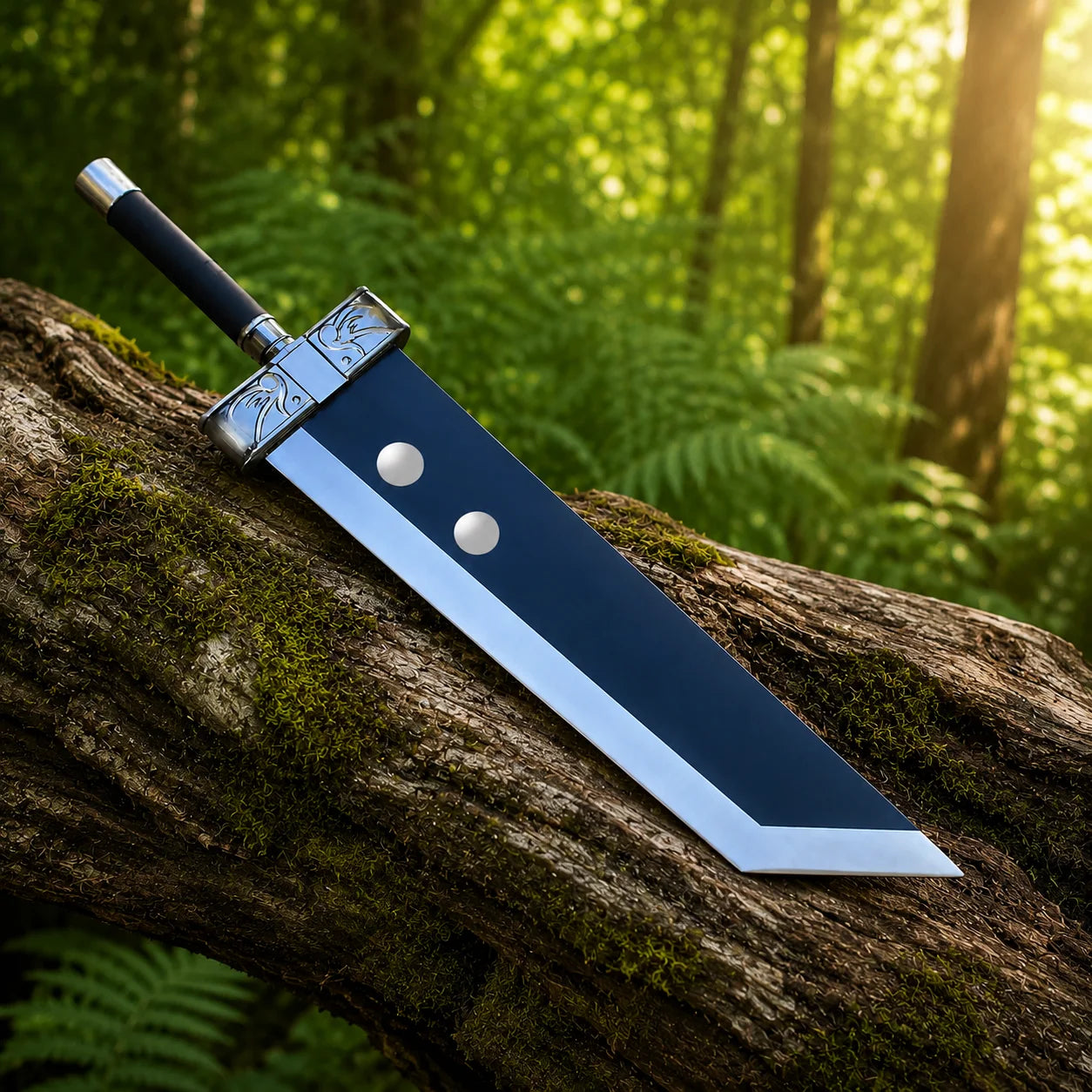 Side profile of Buster Sword with black handle, ornate silver crossguard, and wide dark blue blade resting on a mossy log