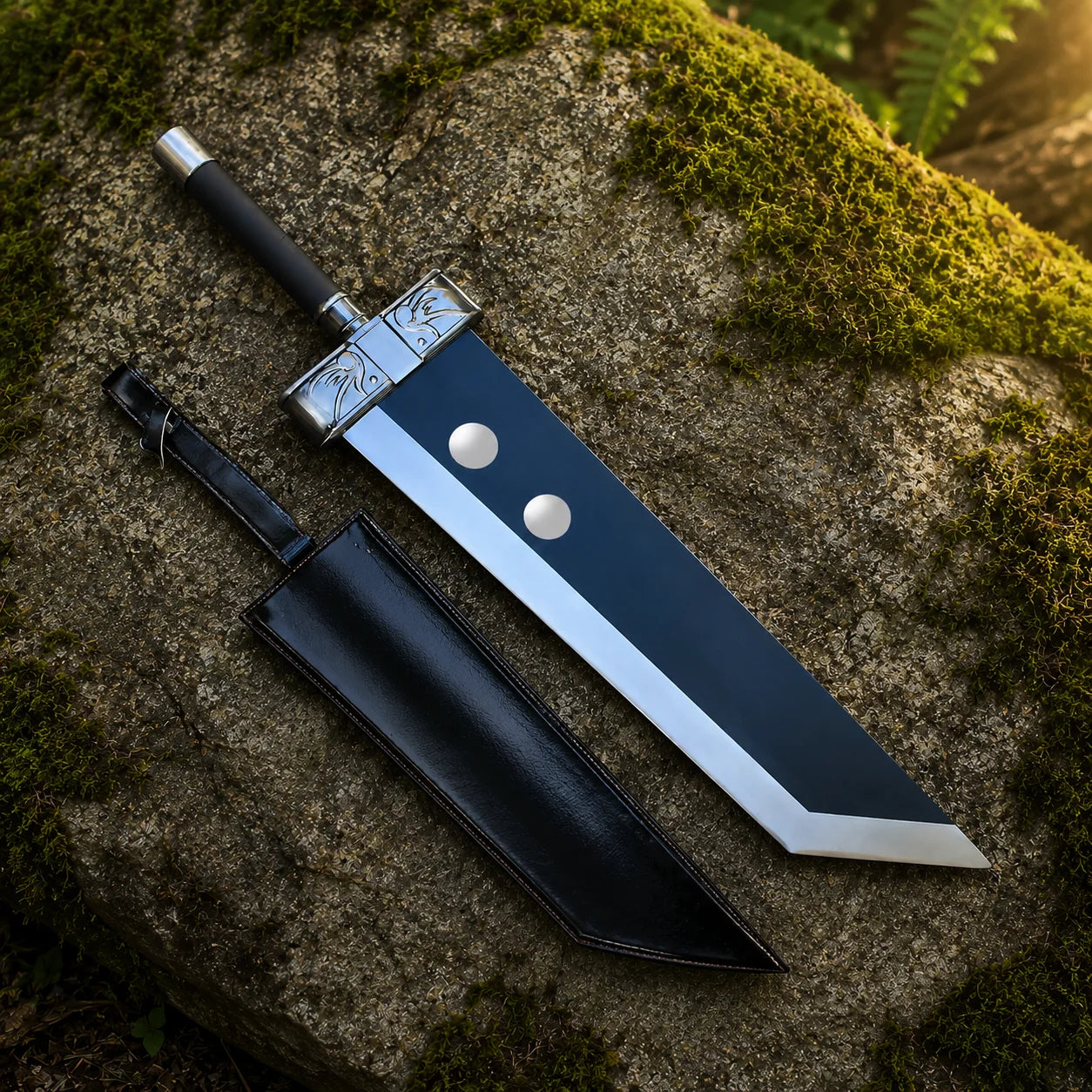 Buster Sword displayed alongside its black leather sheath on a mossy rock in a forest setting