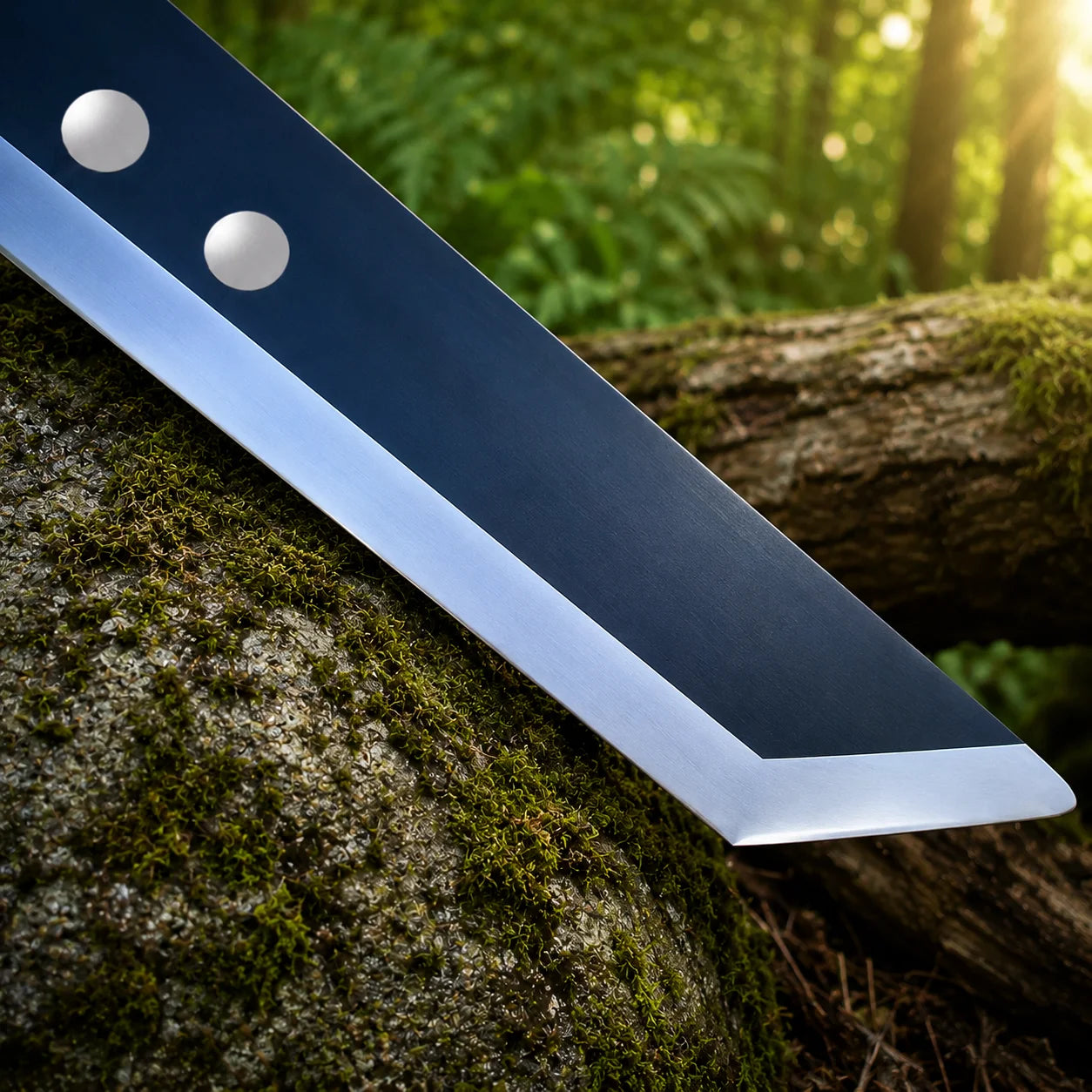 Full product view of Buster Sword with black leather sheath and close-up inset showing ornate silver guard detail and rivets