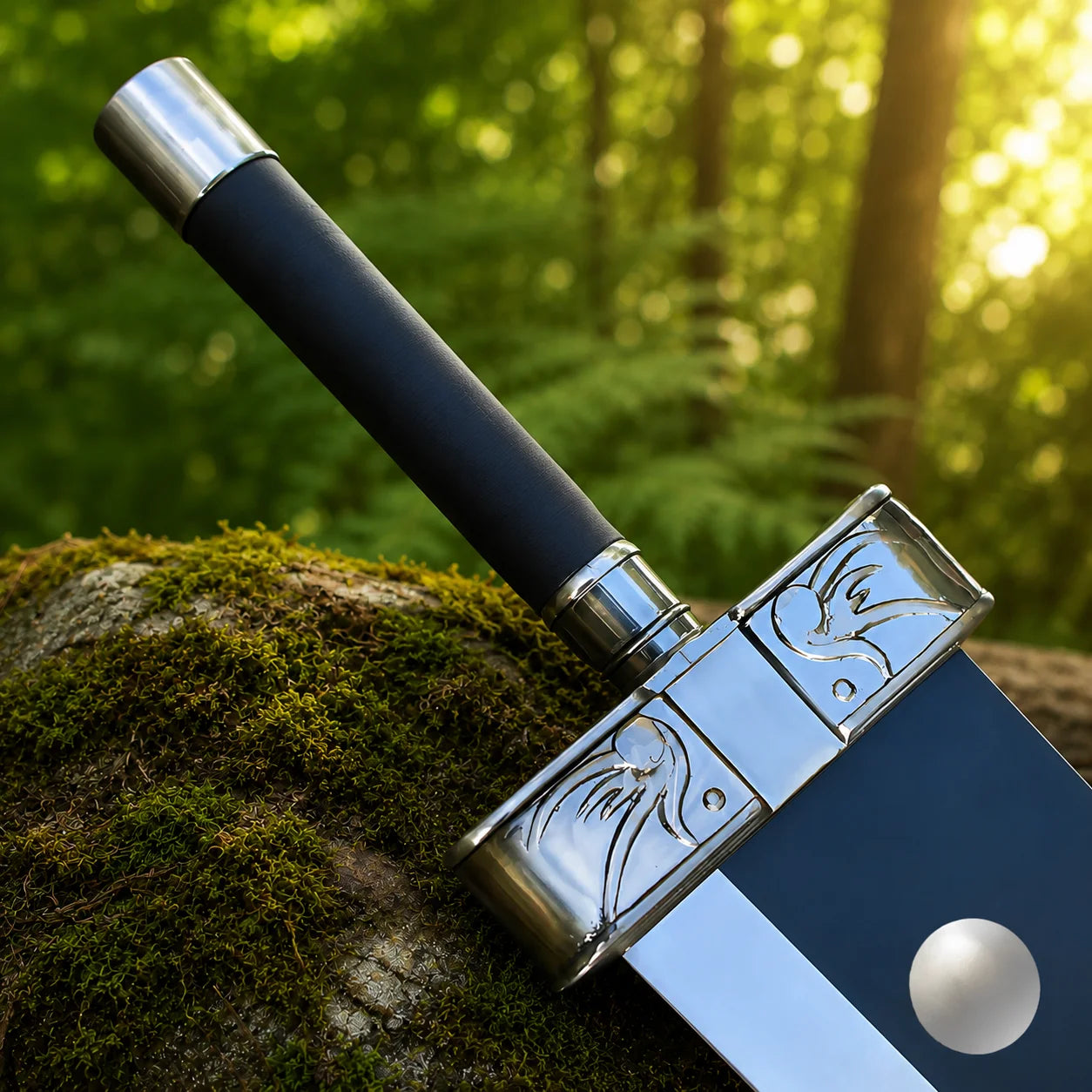 Buster Sword with dark blue blade and two silver rivets resting on a moss-covered rock in a lush green forest
