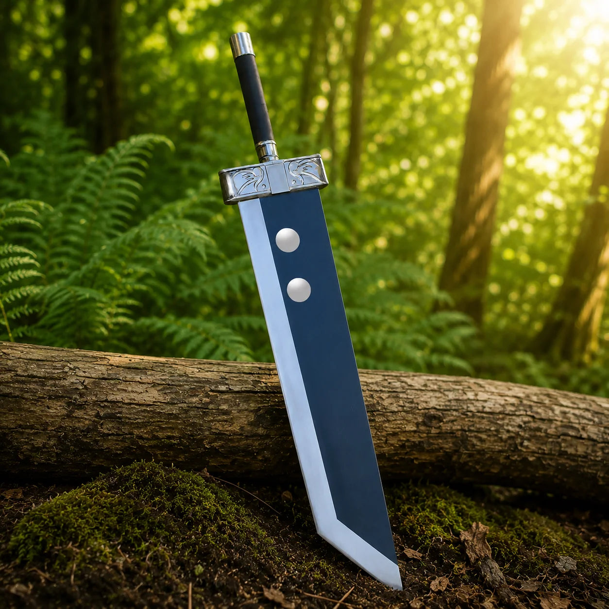 Buster Sword with polished silver edge and dark blue blade resting on a mossy fallen log in a sunlit forest