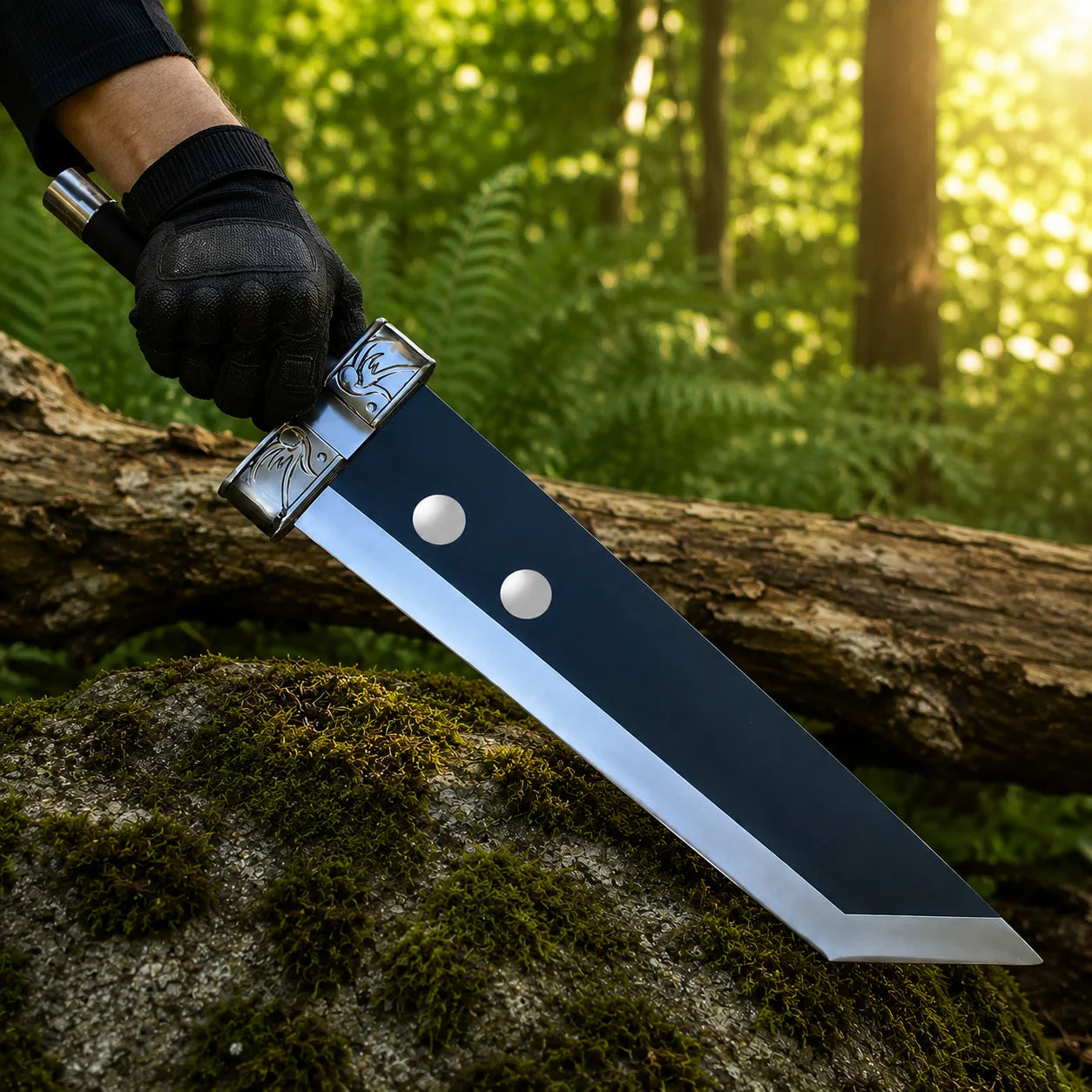 Detailed close-up of Buster Sword blade showing two polished silver rivets and the sharp beveled edge on the dark blue steel