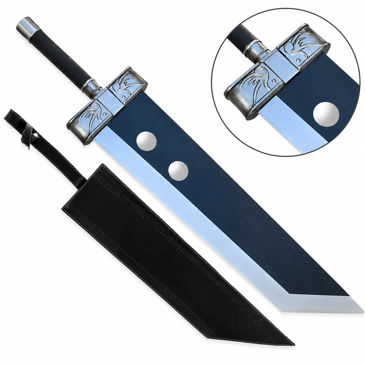 Person in black tactical gloves holding a large Buster Sword with dark blue blade and ornate silver guard in a sunlit forest
