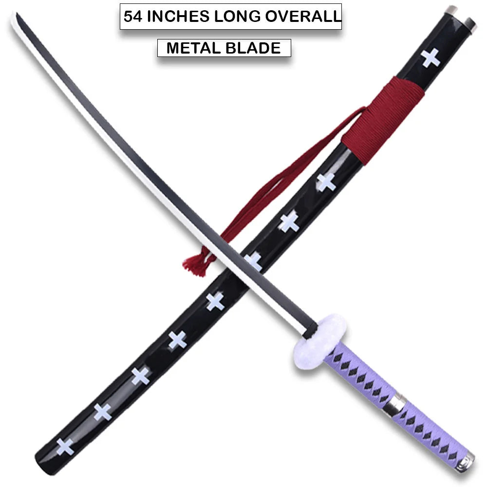 Trafalgar Law Kikoku sword full set – purple-wrapped handle, white fur guard, black blade, and black cross-pattern scabbard with red tassel
