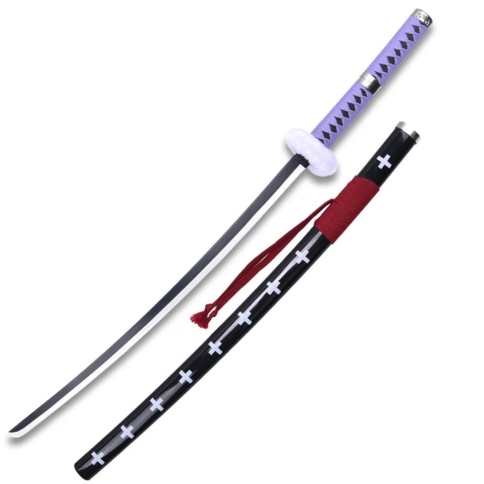 Trafalgar Law Kikoku sword blade with purple tsuka wrap, white fur tsuba guard, and black blade – One Piece cosplay prop