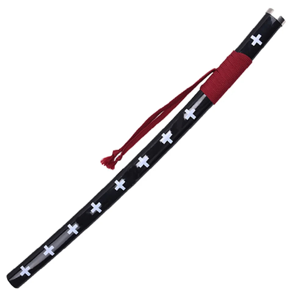 Trafalgar Law Kikoku sword scabbard – glossy black with white cross pattern and red tassel wrap