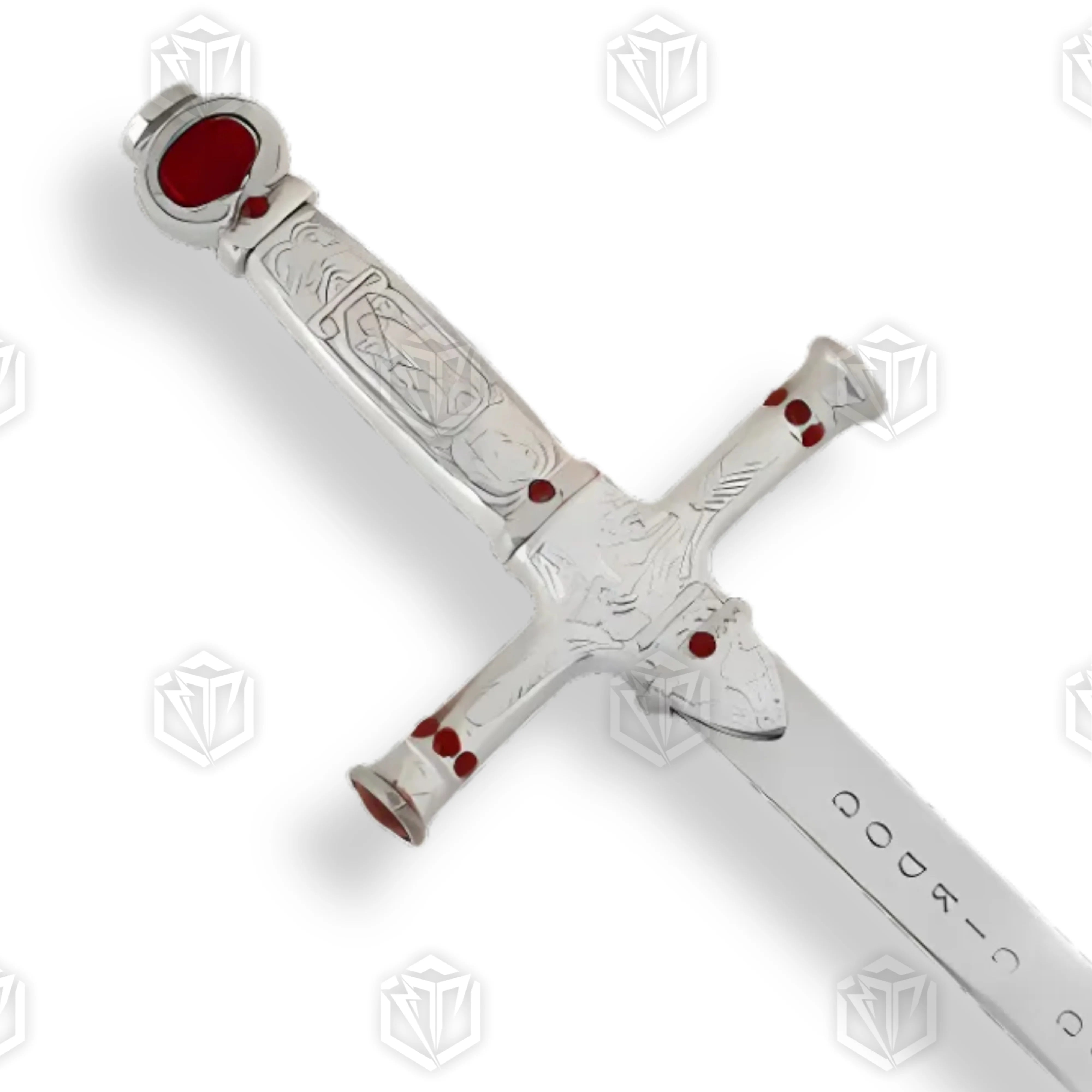 Godric Gryffindor sword prop replica full length diagonal on mossy rock in sunlit fern forest showing polished silver blade with Godric Gryffindor engraving ornate silver hilt and ruby red gemstones – Harry Potter display collectible