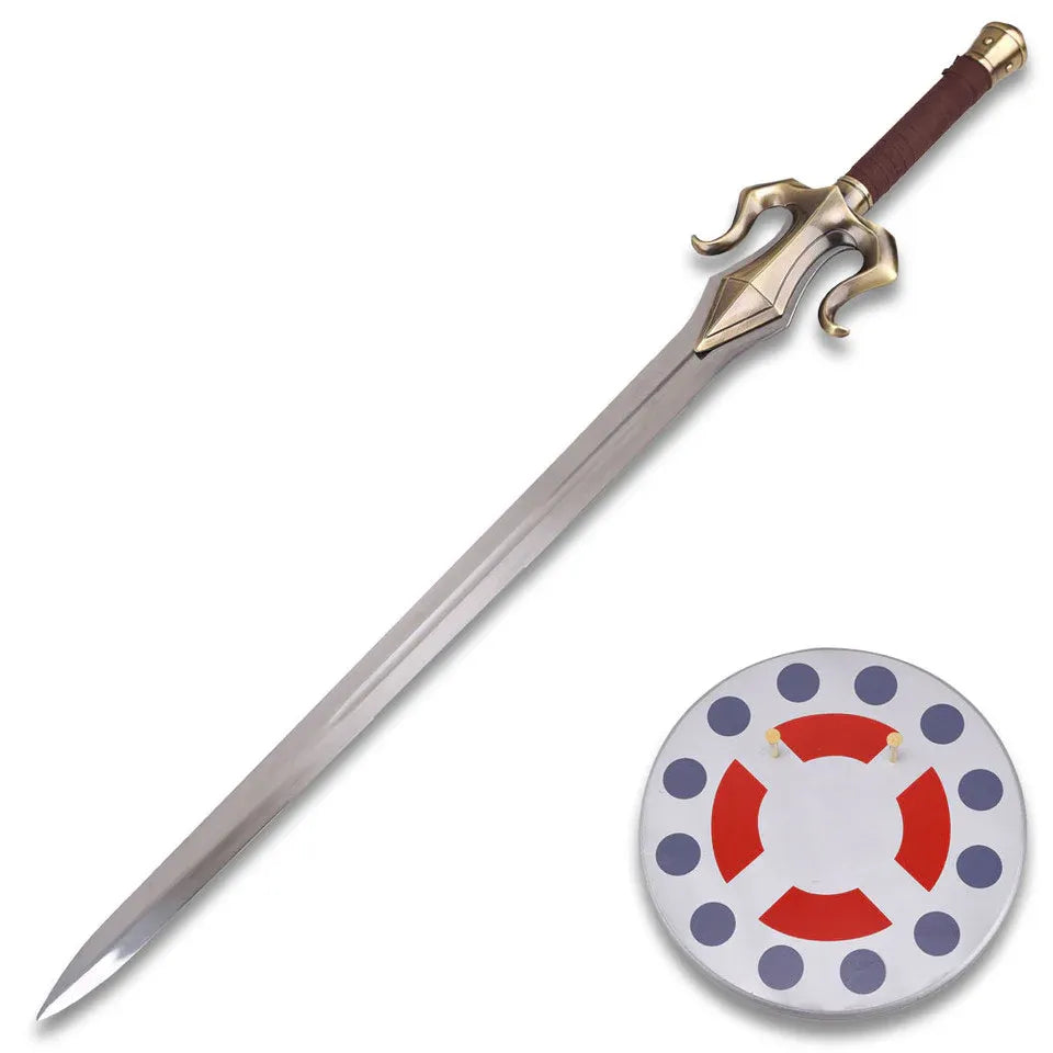 Diagonal display of FS-722-1 fantasy sword showing full blade length, bronze guard, and decorative round wall plaque