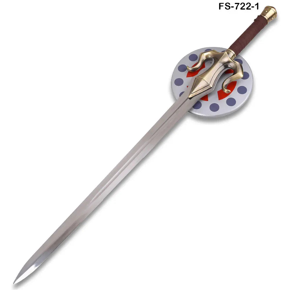 Full view of FS-722-1 fantasy replica sword with bronze guard, brown leather grip, and round white display plaque with red and grey design