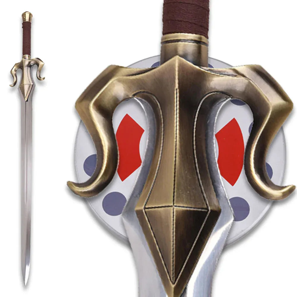 Angled view of FS-722-1 fantasy replica sword with stainless steel blade mounted on round display plaque with red cross and grey dot pattern