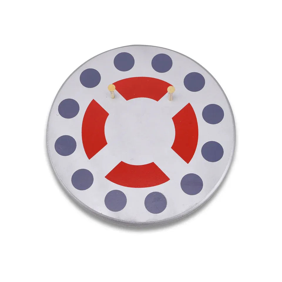 Front view of FS-722-1 round display plaque with white base, red cross pattern, grey dot border, and two gold mounting pins