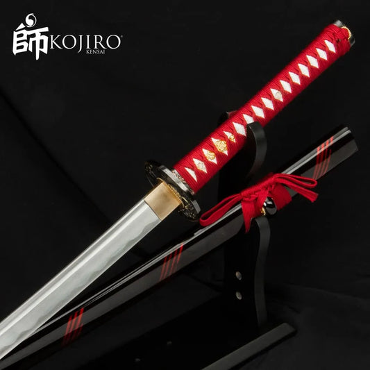 Kojiro Crimson Katana And Scabbard - 1045 Carbon Steel, Cord-Wrapped Handle, Metal Tsuba - Length 41”