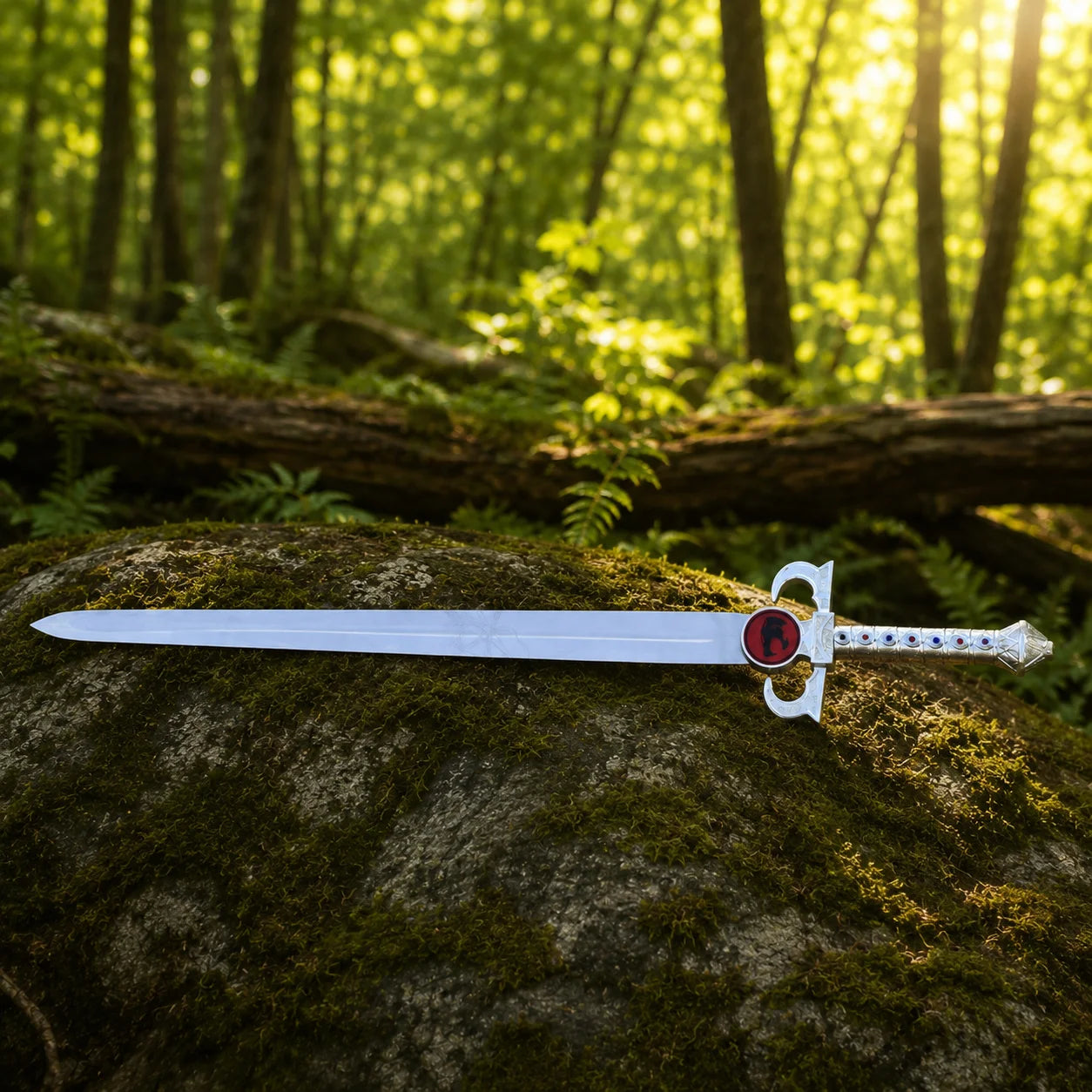 Eye of Thundera crossguard and jeweled grip close-up on Lion-O Sword of Omens prop replica – ThunderCats