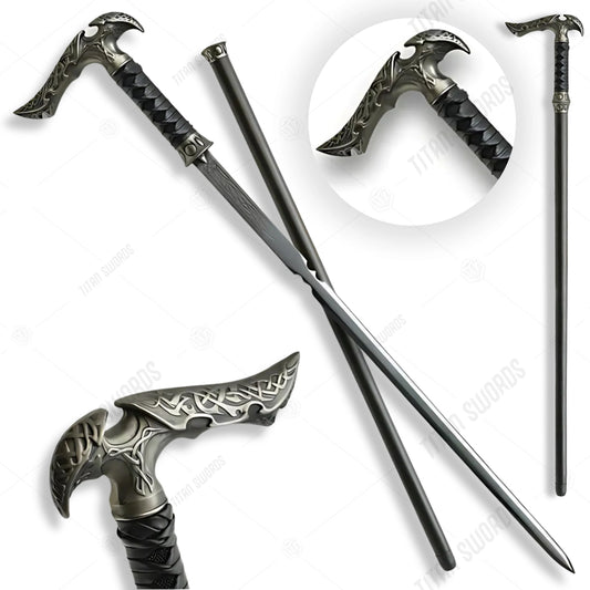 Kit Rae Black Axios Sword Cane – 1045 Carbon Steel, Leather-Wrapped Grip