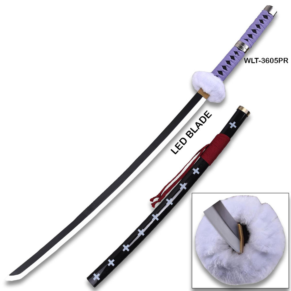 Kikoku replica katana WLT-3605PR angled view highlighting purple diamond-wrapped tsuka, fluffy white tsuba, black blade with LED feature, and cross-engraved black saya with red cord