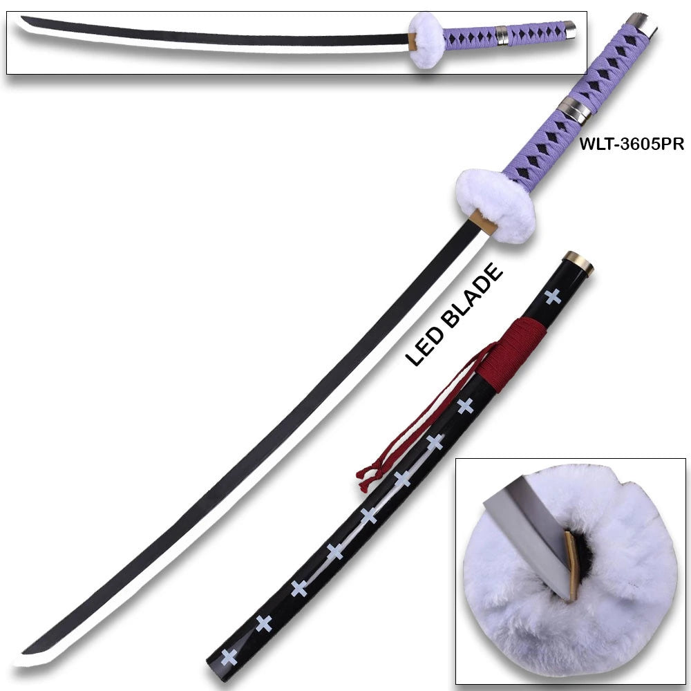 WLT-3605PR Kikoku katana showing illuminated white LED blade activated, purple handle wrap, white fur guard, and black cross-decorated scabbard – One Piece cosplay display sword