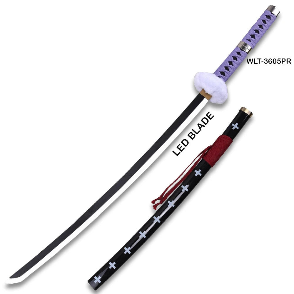 Trafalgar Law Kikoku katana replica with purple tsuka wrap, white fur tsuba guard, black LED blade, and black scabbard with white cross motifs and red sageo cord – display prop from One Piece