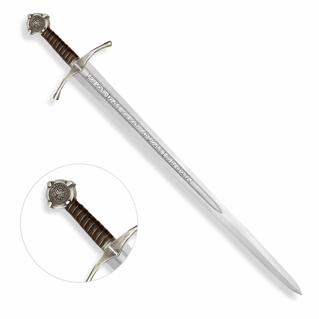 Close-up of engraved blade inscription on Knights Templar Accolade Sword prop replica