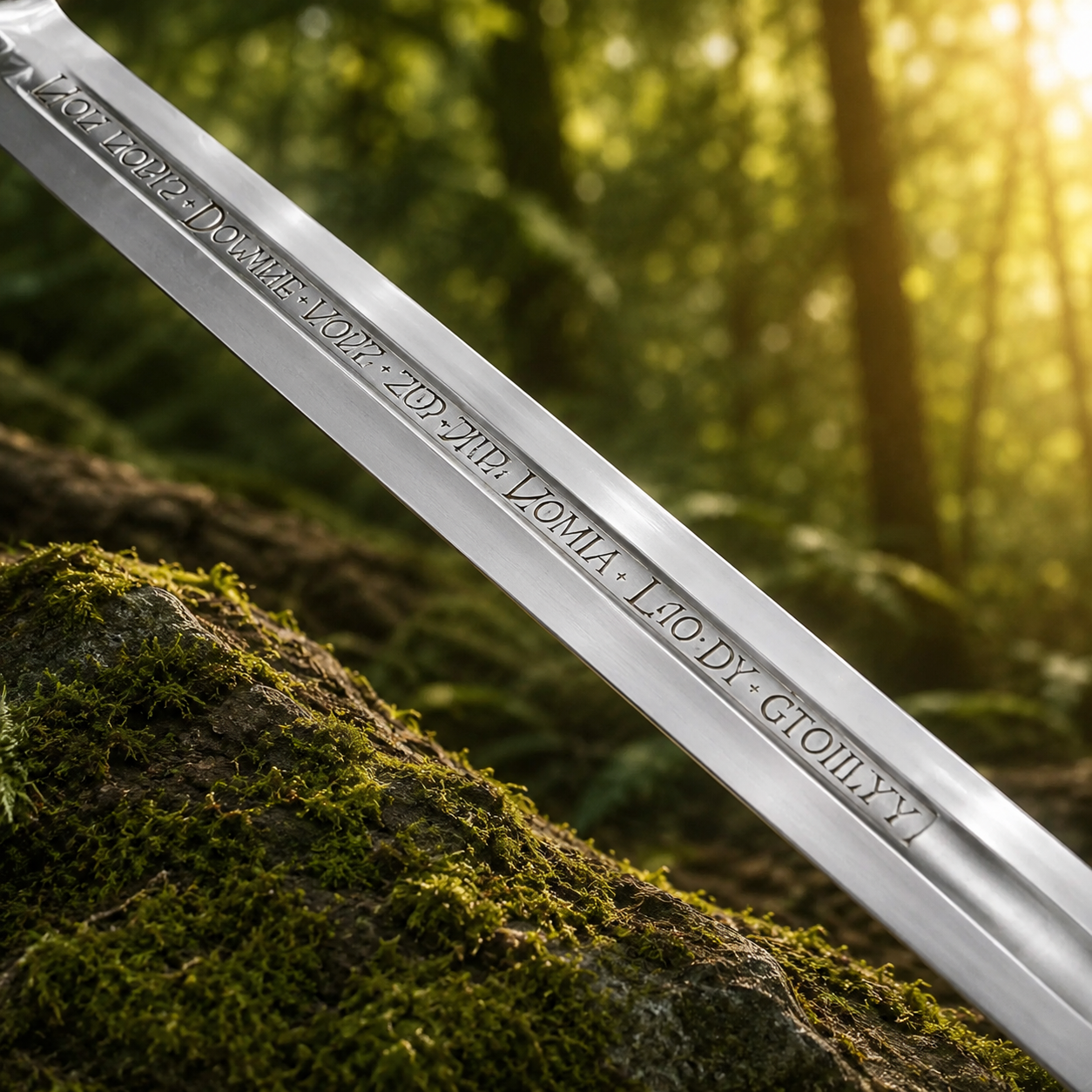 Knights Templar Accolade Sword prop replica displayed on mossy rock in forest setting