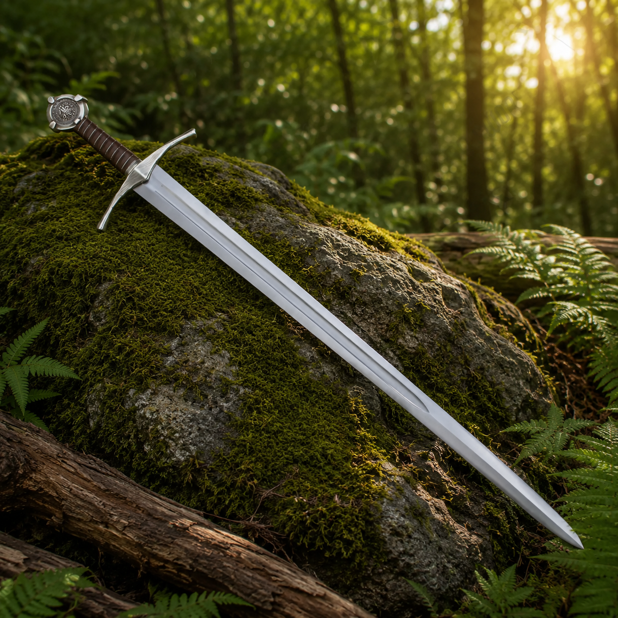 Knights Templar Accolade Sword prop replica with brown leather scabbard on white background