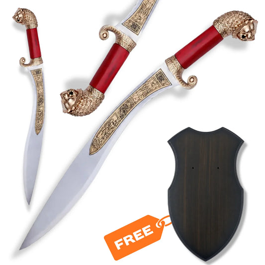 Alexander the Great Macedonian sword prop replica with curved silver blade, red handle, gold lion-head pommel and wooden wall display plaque