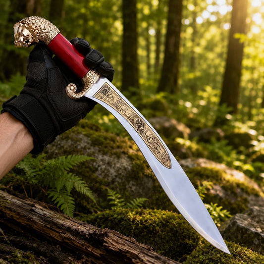 Alexander the Great sword prop replica resting on log – Macedonian kopis display collectible outdoor