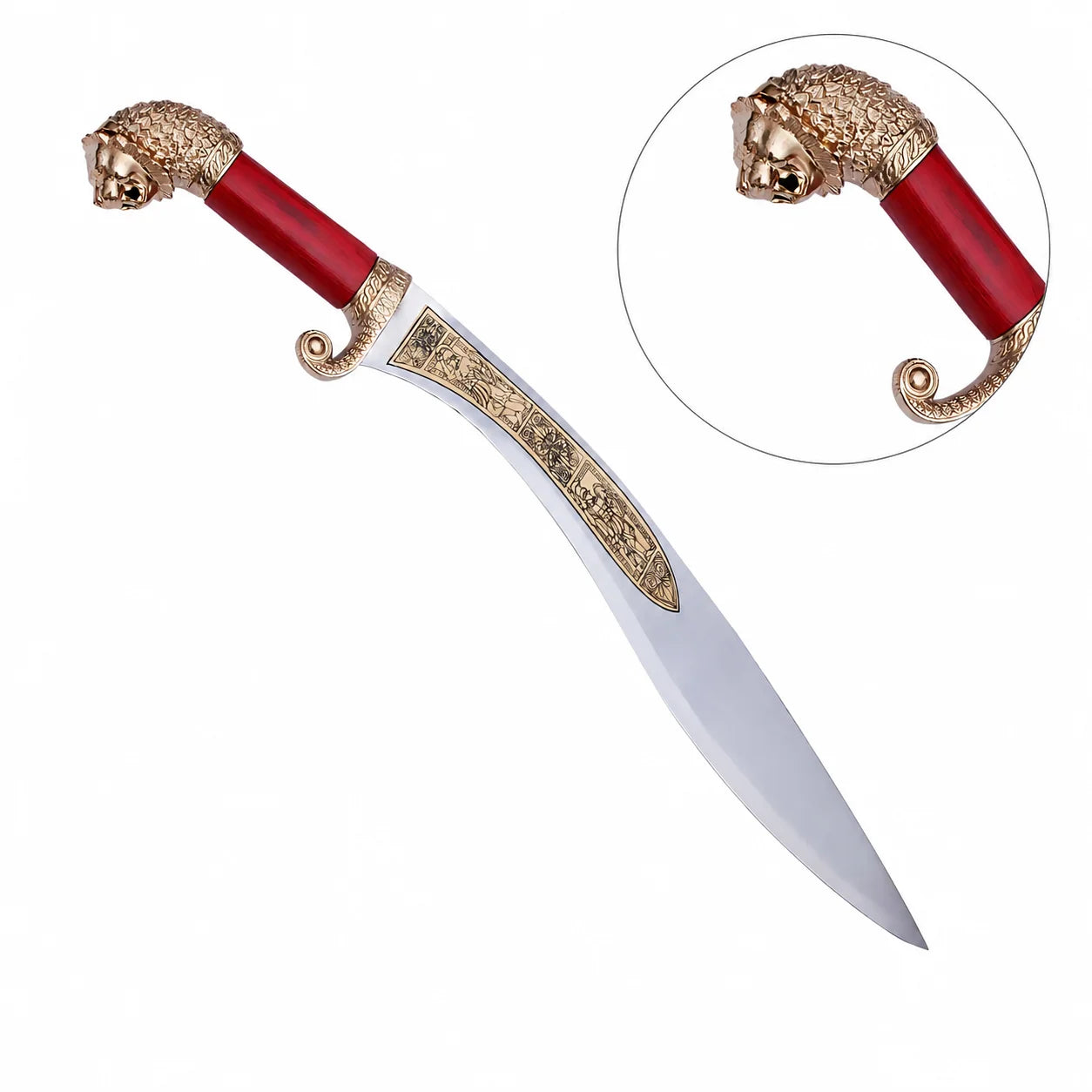 Macedonian sword prop replica on mossy rock – Alexander the Great ancient display collectible