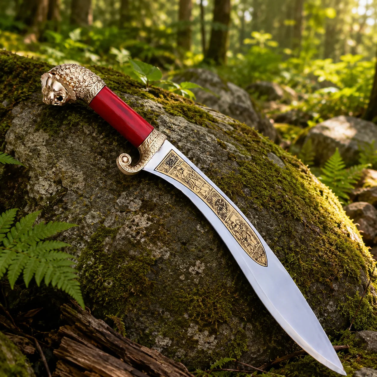 Alexander the Great kopis sword prop replica angled view – gold engraved blade display collectible