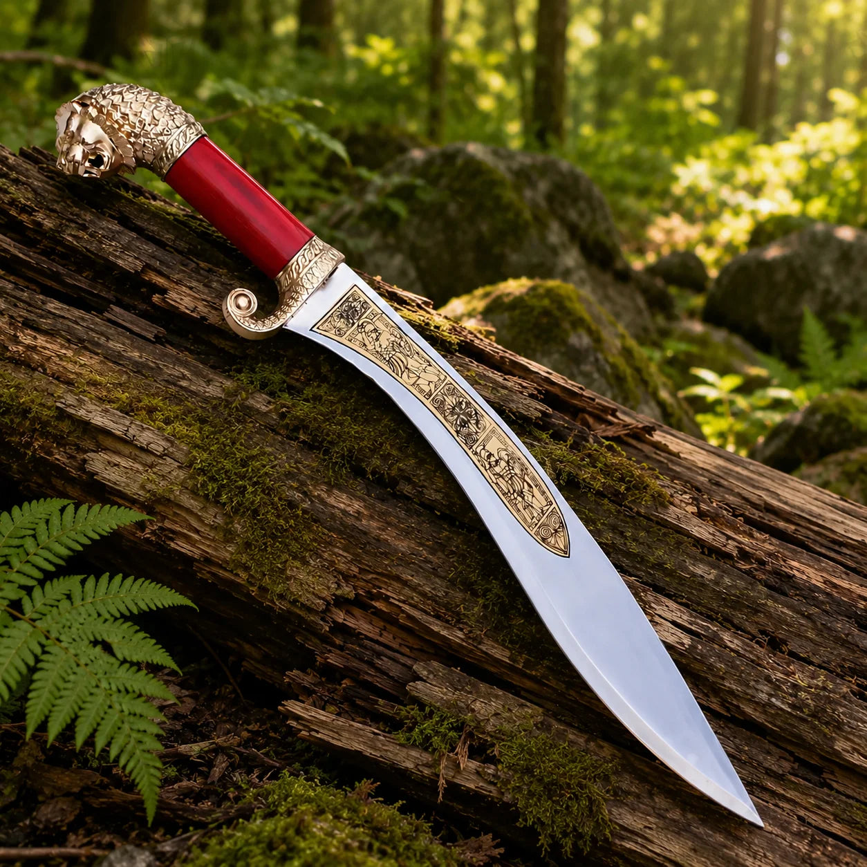 Close-up of gold engraved blade on Alexander the Great Macedonian sword prop replica collectible
