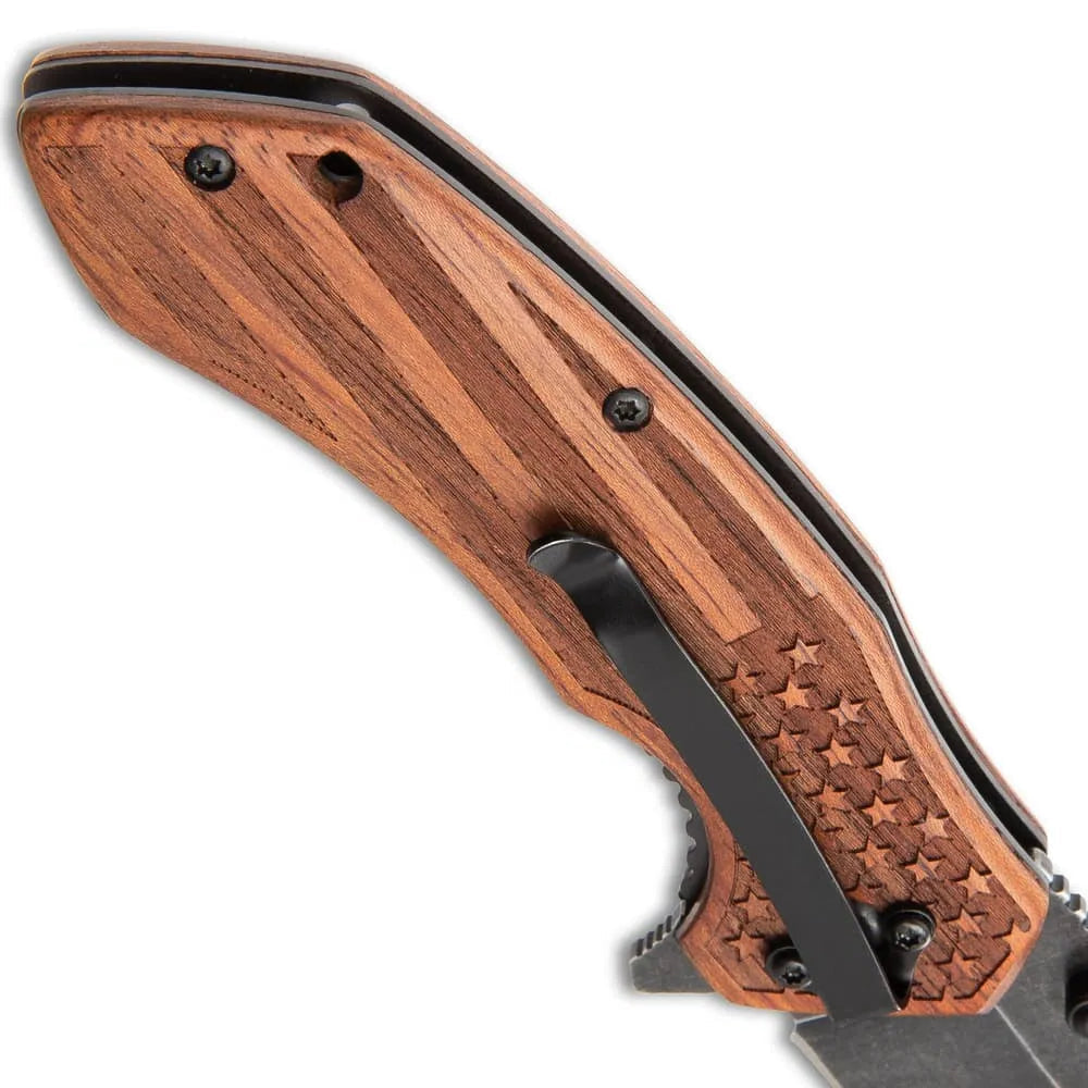 American flag EDC pocket knife with 3.25-inch stonewashed blade and engraved wooden scales
