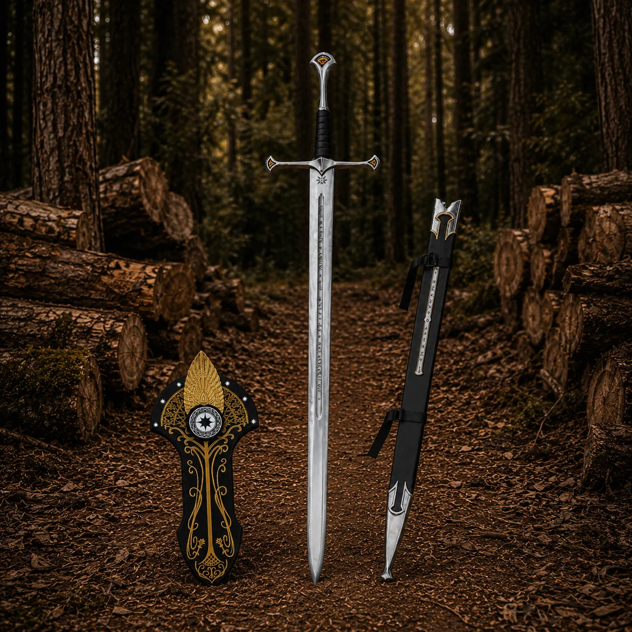 Museum Collection Andúril Sword – LOTR Flame of the West Replica with Scabbard and Display Plaque in Woodland Setting